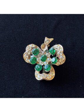Vintage Brooch Gold-Tone Shamrock Green Clear Rhinestones Clover Pin Jewelry